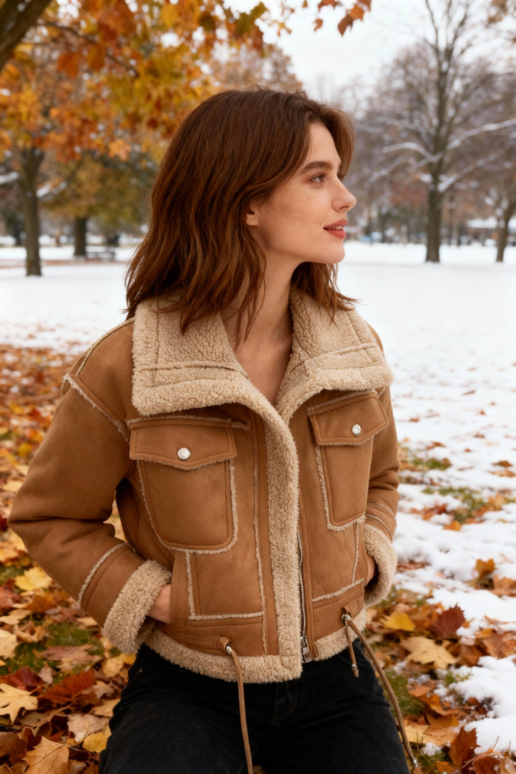 Camel Shearling-Lined PU Moto Jacket