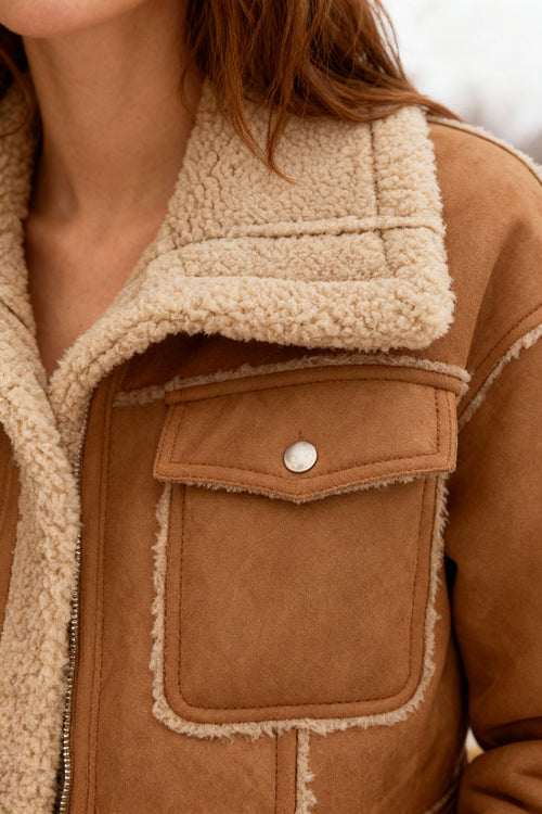 Camel Shearling-Lined PU Moto Jacket