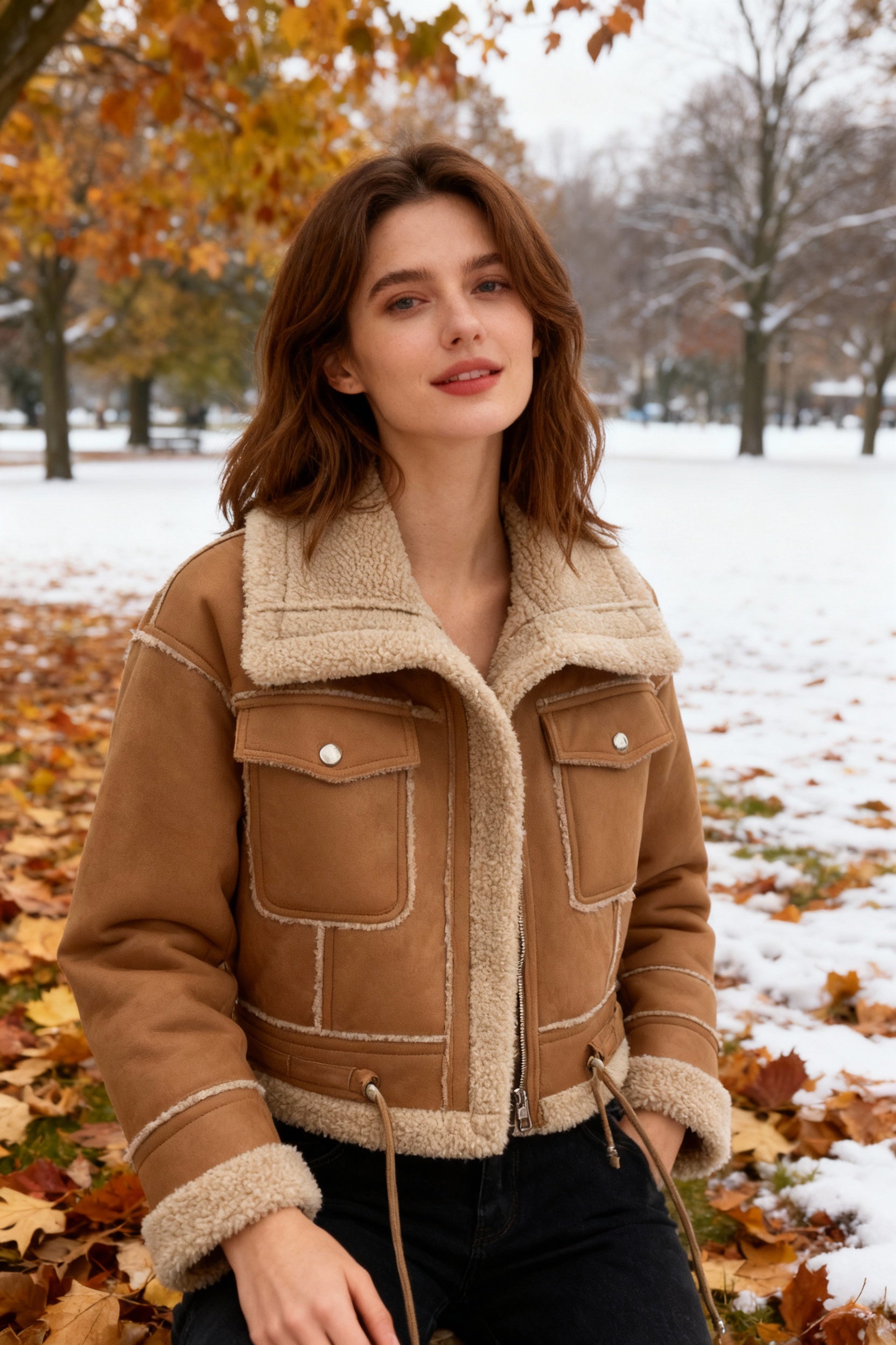 Camel Shearling-Lined PU Moto Jacket