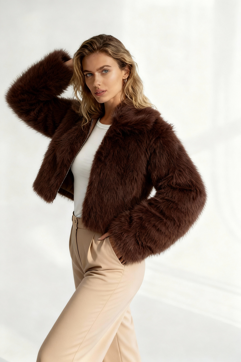 Brown Plush Faux Fur Cropped Jacket