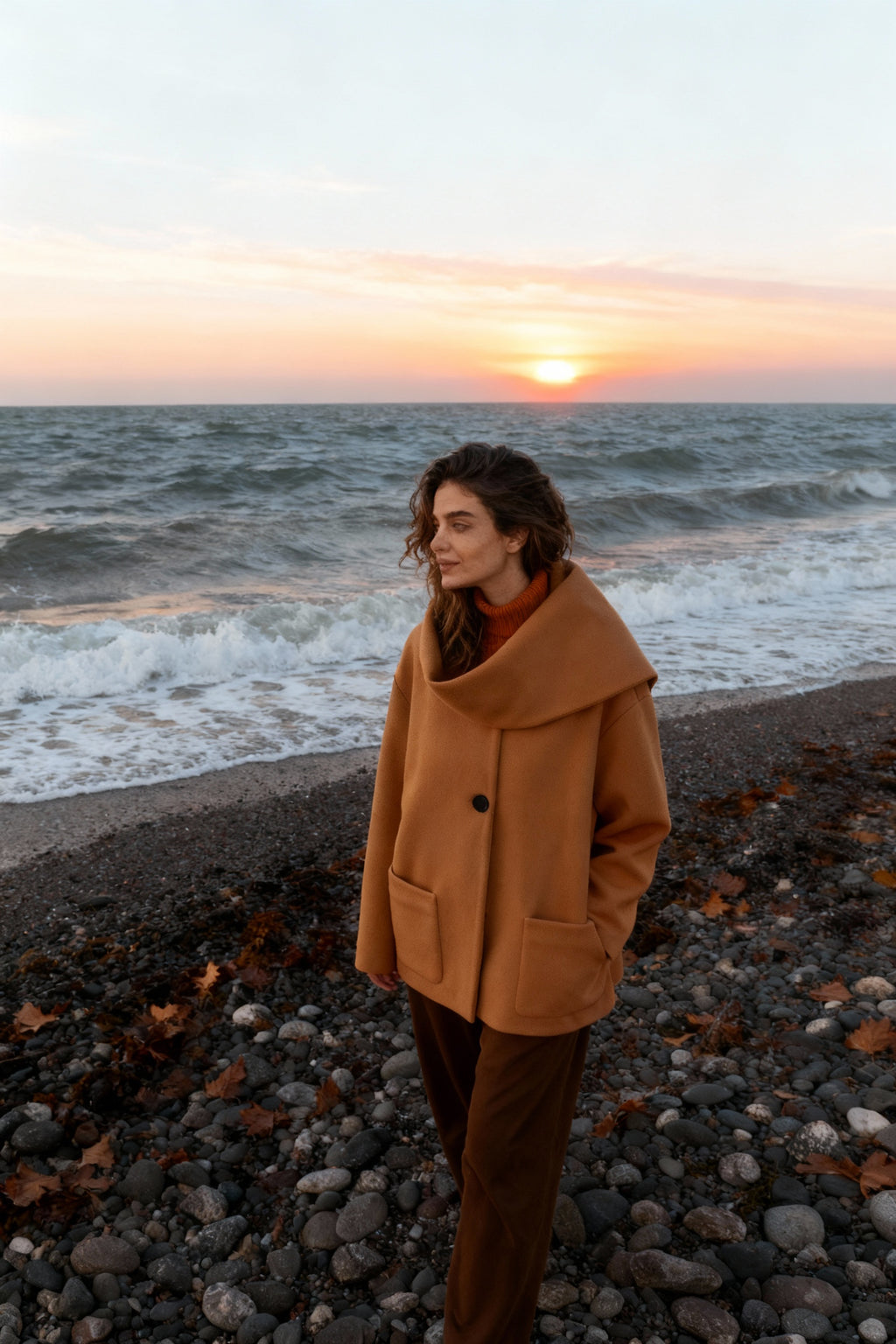 Camel Elegant Scarf Overcoat