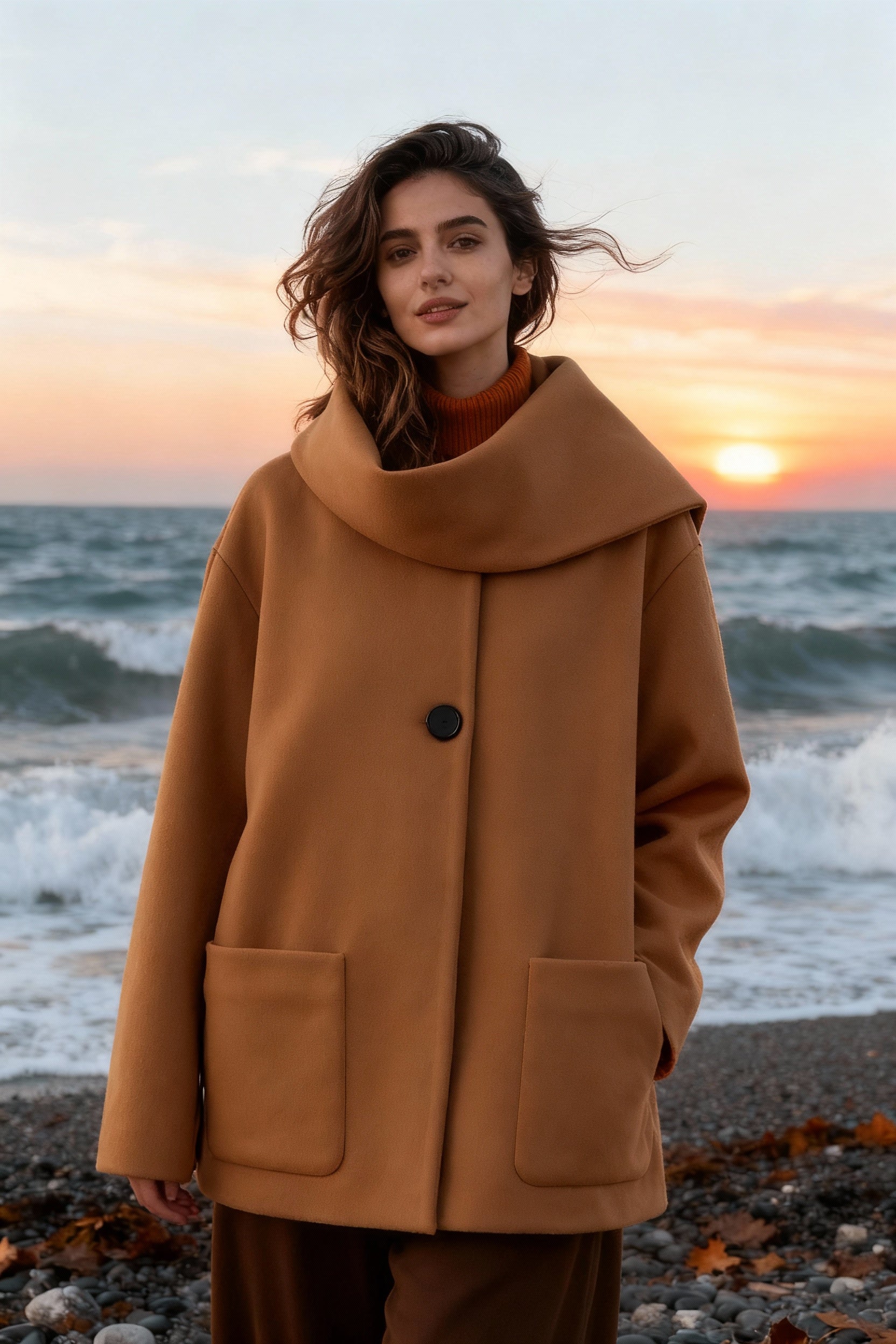 Camel Elegant Scarf Overcoat