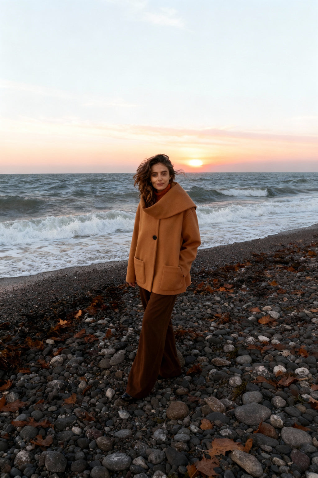 Camel Elegant Scarf Overcoat