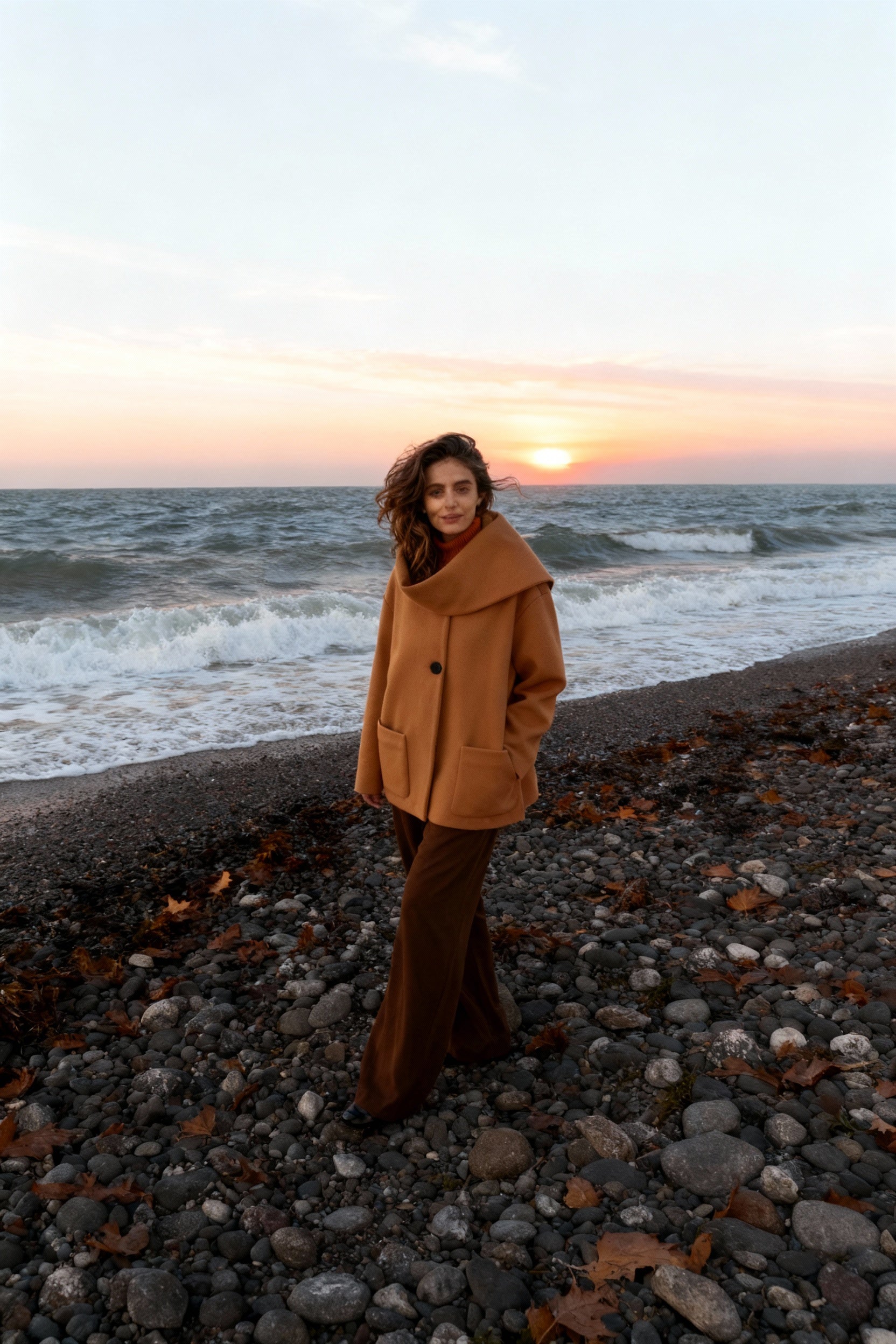 Camel Elegant Scarf Overcoat