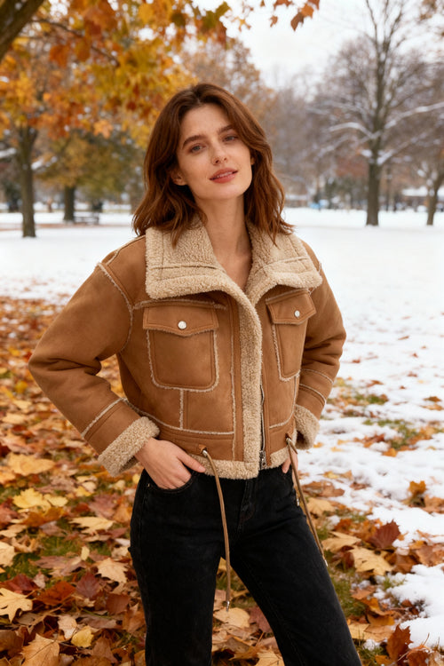 Camel Shearling-Lined PU Moto Jacket