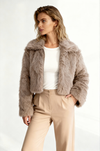 Mink Brown Plush Faux Fur Cropped Jacket