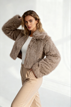 Mink Brown Plush Faux Fur Cropped Jacket