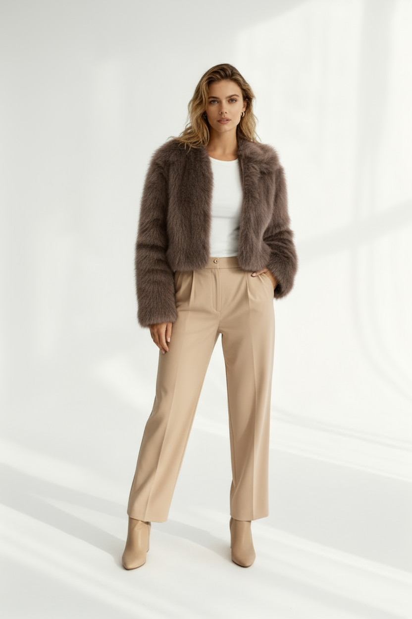 Mocha Taupe Plush Faux Fur Cropped Jacket