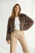 Mocha Taupe Plush Faux Fur Cropped Jacket