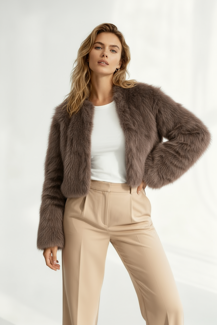 Mocha Taupe Plush Faux Fur Cropped Jacket