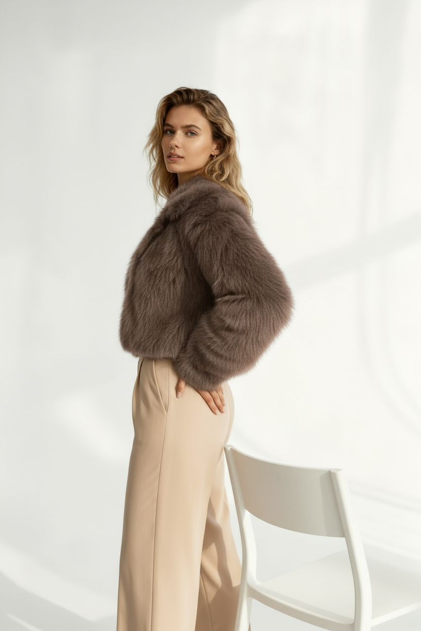 Mocha Taupe Plush Faux Fur Cropped Jacket