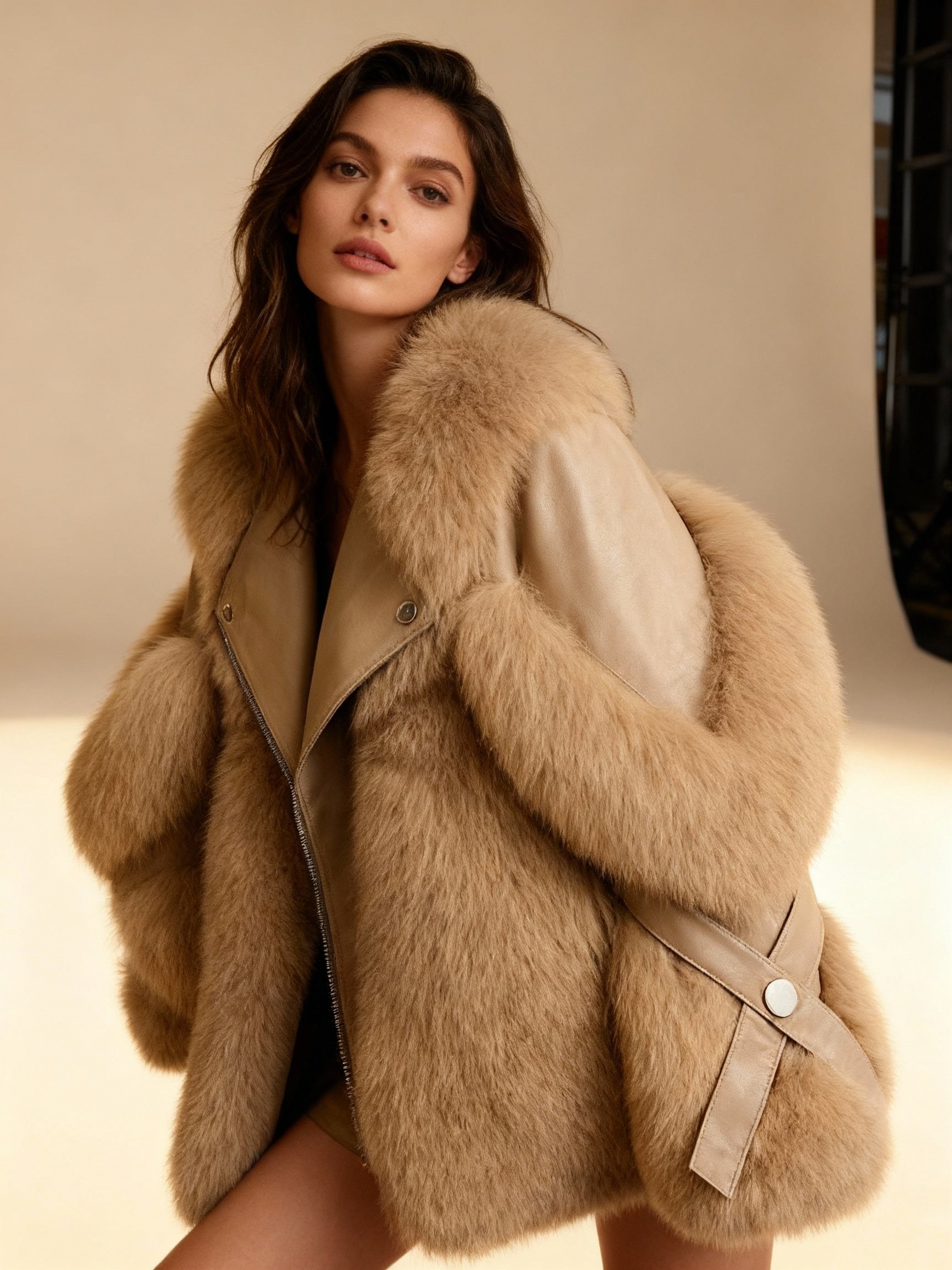 Taupe Faux Fur Leather Jacket