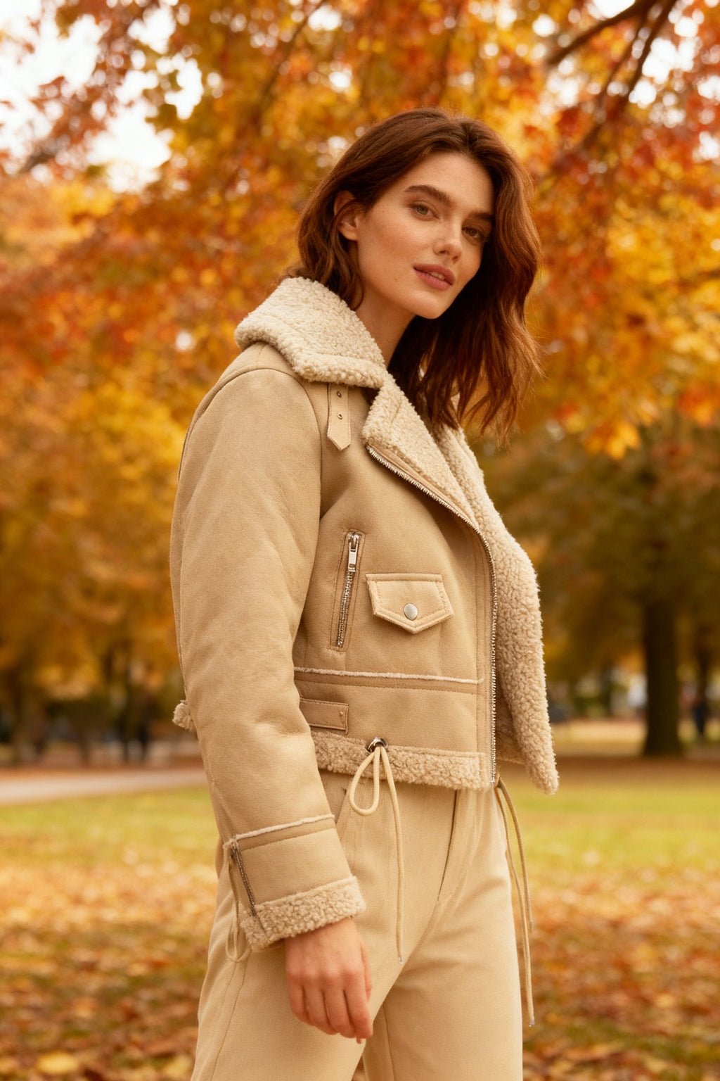 White Shearling-Lined PU Moto Jacket