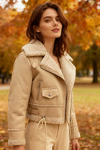 White Shearling-Lined PU Moto Jacket