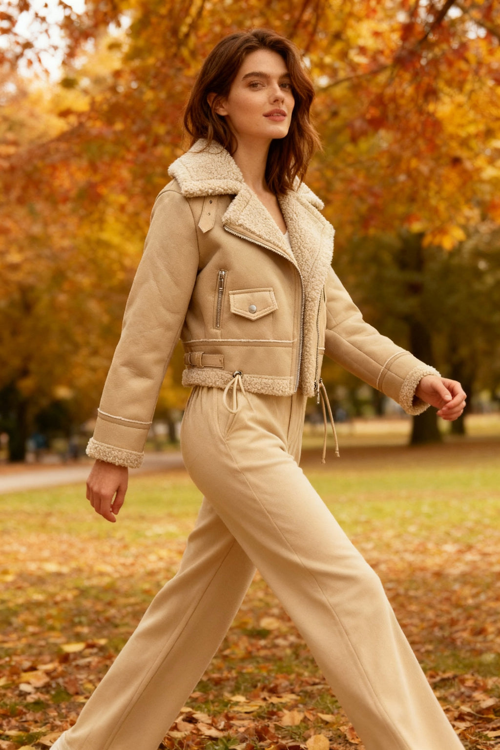 White Shearling-Lined PU Moto Jacket