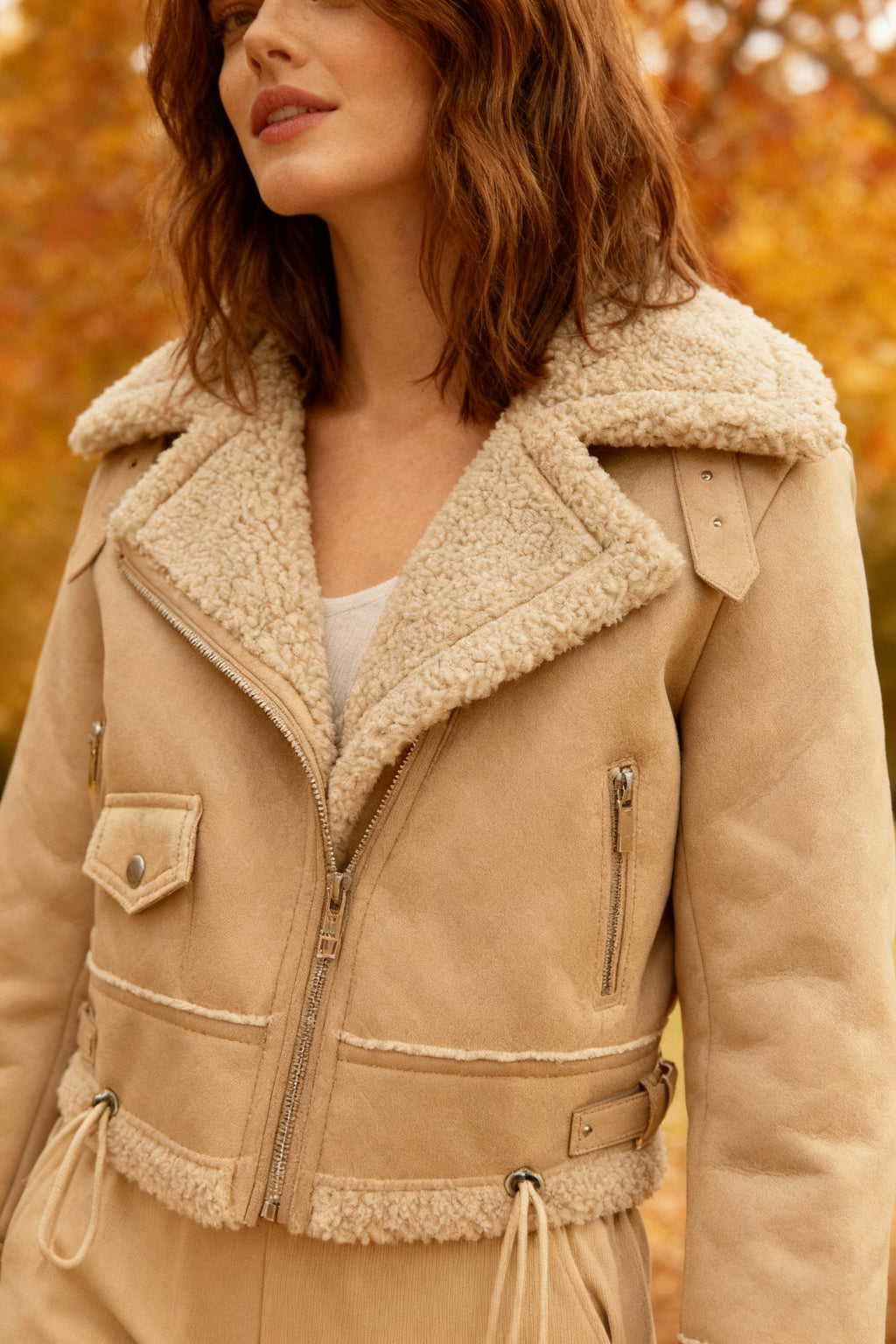 White Shearling-Lined PU Moto Jacket